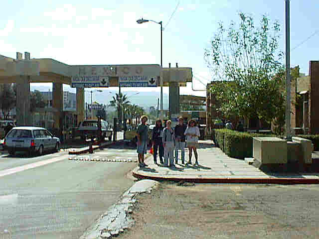 Crossing the border from the U.S.A. to Mexico at 'Tecate'.